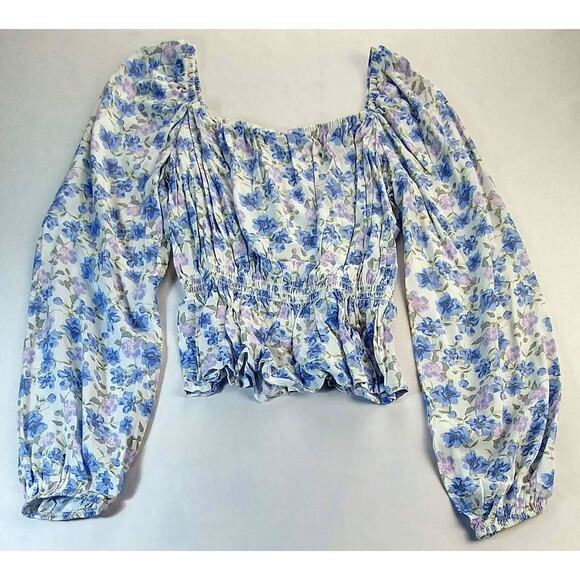 SO Goods For Life Blue Floral Ruched Peplum Waist Crop Top Size Medium NWT - Picture 2 of 8